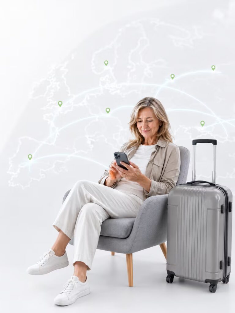 Pasażerka sprawdzająca cennik busów w telefonie przed podróżą