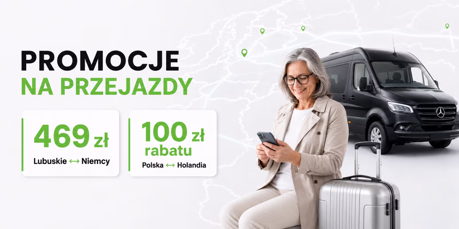 Baner promocyjny Braciaktrans z czarnym busem pasażerskim i kobietą z walizką – promocje na przejazdy od 469 zł i rabat 100 zł.